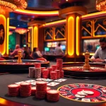 Tỷ lệ bóng đá ý displayed on interactive screens at a vibrant casino with poker and roulette tables.