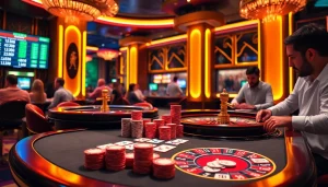 Tỷ lệ bóng đá ý displayed on interactive screens at a vibrant casino with poker and roulette tables.