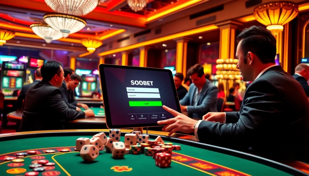 Experience thrilling sbobet login at a vibrant online casino table with players enjoying exciting games.