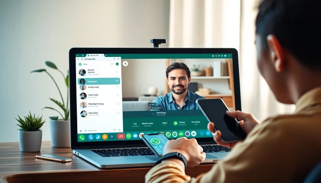 笔记本电脑上的 WhatsApp Web 界面，展示与快连官网相关的功能。