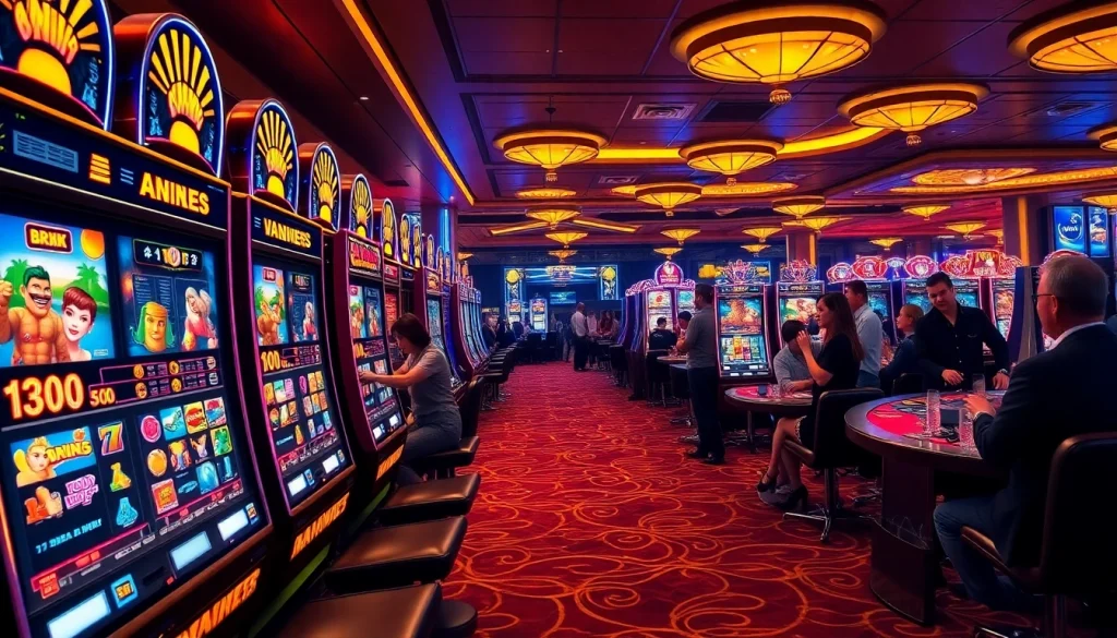 Players enjoying KX8 slots in a lively casino environment, surrounded by vibrant lights and action.