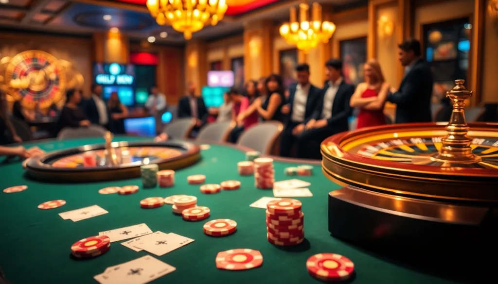 Players engaging in a thrilling poker game at nh88 casino with vibrant chips and cards.