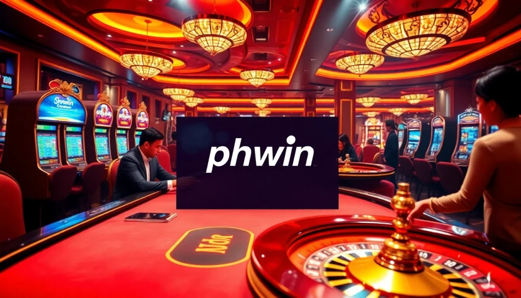 Players engaging in exciting games at phwin online casino, showcasing vibrant slot machines and roulette wheels.