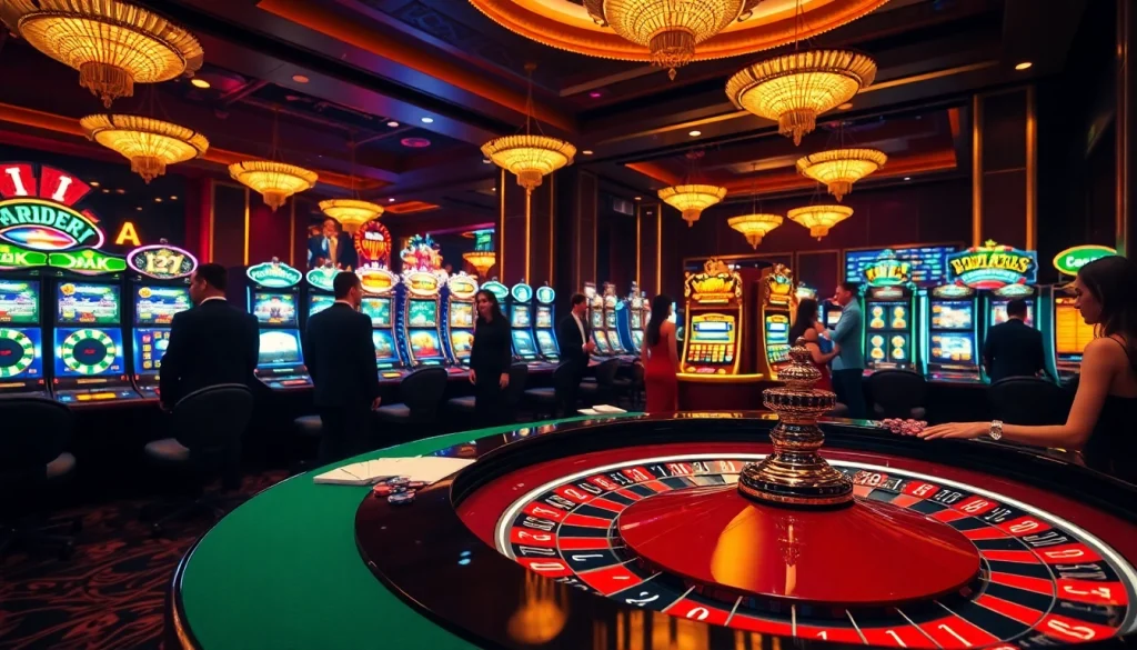 Experience the excitement of keobongda as players engage at a luxurious casino roulette table, surrounded by vibrant slot machines.
