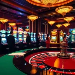 Experience the excitement of keobongda as players engage at a luxurious casino roulette table, surrounded by vibrant slot machines.