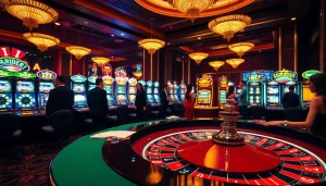 Experience the excitement of keobongda as players engage at a luxurious casino roulette table, surrounded by vibrant slot machines.