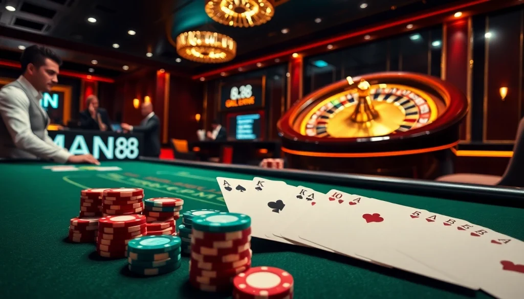 Experience the thrill of Man 88 with an elegant casino scene showcasing a winning poker hand and roulette excitement.