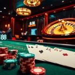 Experience the thrill of Man 88 with an elegant casino scene showcasing a winning poker hand and roulette excitement.