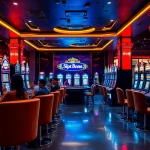 Players enjoying a thrilling moment at slot apiraja88 machines in a luxurious casino.