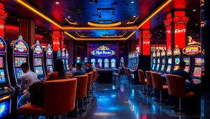 Players enjoying a thrilling moment at slot apiraja88 machines in a luxurious casino.