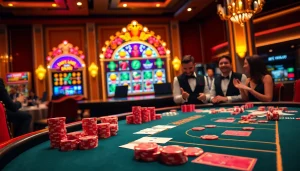 Exciting casino scene featuring mm88 com poker chips and cards on a luxurious table.