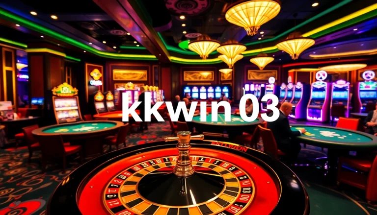 Experience thrilling gameplay at KKWIN 03 with a vibrant casino atmosphere filled with roulette and poker tables.
