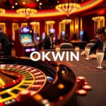Gamblers enjoying the vibrant atmosphere of OKWIN's luxurious casino experience with roulette and poker.