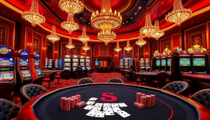 Experience the thrill of RR88 with elite poker chips and cards in a luxurious casino setting.