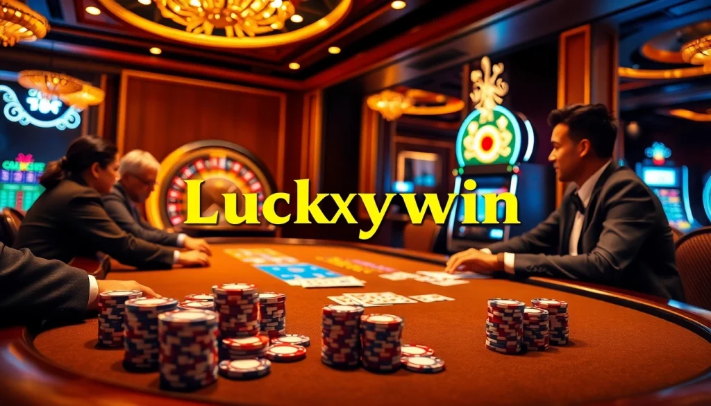 Experience the thrilling atmosphere of the Luckywin casino with vibrant poker games and roulette action.