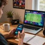 Pengalaman taruhan online yang menarik dengan lagowin784 di smartphone di tengah memorabilia olahraga.