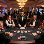 Players at z16 blackjack table placing bets with stacked chips in a vibrant casino setting.