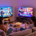 Enjoying interactive porngames on a cozy evening with snacks and ambient lighting.