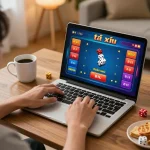 Engaging in tài xỉu online betting strategy through a vibrant laptop setup with colorful game interface.