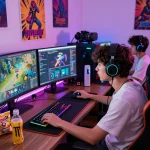 Engaged gamer using ythtoto platform in a vibrant gaming setup with dual monitors.