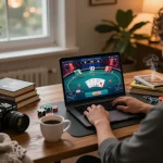 Kèo nhà cái hôm nay showcased on a vibrant laptop screen as user engages in online poker gameplay, highlighting strategic betting.