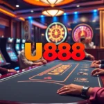 U888 players enjoying a thrilling casino experience at a luxurious poker table.