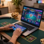 gbong player enjoying live dealer games at a stylish home office setup in evening light