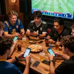 Friends placing bets in a lively sports betting scene, featuring keonhacai app on smartphones.