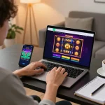 Engaging player using kubet online casino interface on laptop, showcasing gameplay and strategy in cozy setting.