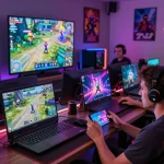 Group of adults enjoying an immersive adult game experience on laptops and mobile devices in a vibrant gaming lounge.