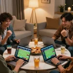 Friends engaging in sports betting with kèo nhà cái apps on smartphones, joyful atmosphere.