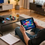 Player engaging with the 8xbet casino app on a tablet in a cozy home gaming setup.