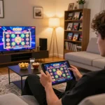Player engaging with GO88 casino app on tablet in a cozy home setup, showcasing online gaming.