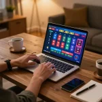 Engaging in the online casino experience at trang chủ go8, showcasing vibrant game graphics on a laptop.