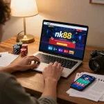 Engaged player accessing nk88 online casino platform from home for responsible gaming.