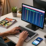 Engaging in sports betting on 388bet with focused intensity and organized workspace