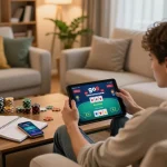 Player engaged in a poker game on go8 while relaxing on a couch, surrounded by strategy notes.