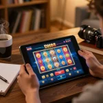 Engaging player using DH88 app for online gaming while sipping coffee, highlighting responsible gambling.
