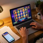 Engaging player enjoying situs slot games on laptop in a cozy home setting.