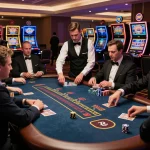 Players engaging in a high-stakes game at a Q88 blackjack table, showcasing the excitement of casino gaming.