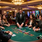 Players strategizing at a Bbet blackjack table in a luxurious casino setting, reflecting excitement and glamour.