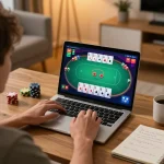 Engaging online poker game session featuring Chatgpt caricature creation with strategic notes in cozy home