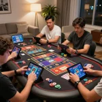 Players enjoying the OKFUN app for online casino gaming in a vibrant setting, showcasing a mix of strategy and entertainment.