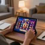 Player engaging with slot game on tg88 app in cozy home setting, showing vibrant gameplay.