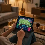 Engaging with mpo sport app on tablet while strategically placing bets in a cozy home environment.