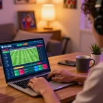 Engaged in trang cá cược bóng đá with lively online betting interface at home, reflecting strategic gameplay.