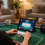 Person playing poker on tablet while engaged in the af88 online casino from home, cozy setting