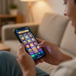 Player enjoying Mega888 mobile app slots at home, showcasing engaging online gambling experience