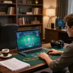 Player engaging in an sc88 online blackjack game at a stylish home setup