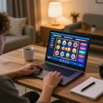 Engaging in Canadian online casinos with live slot gameplay on modern laptop at home.